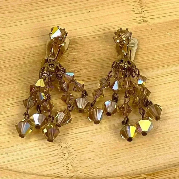 Vintage Jewelry - VTG Crystal Chandelier Clip On Earring Brown Iridescent Beaded Dangle 2" Long